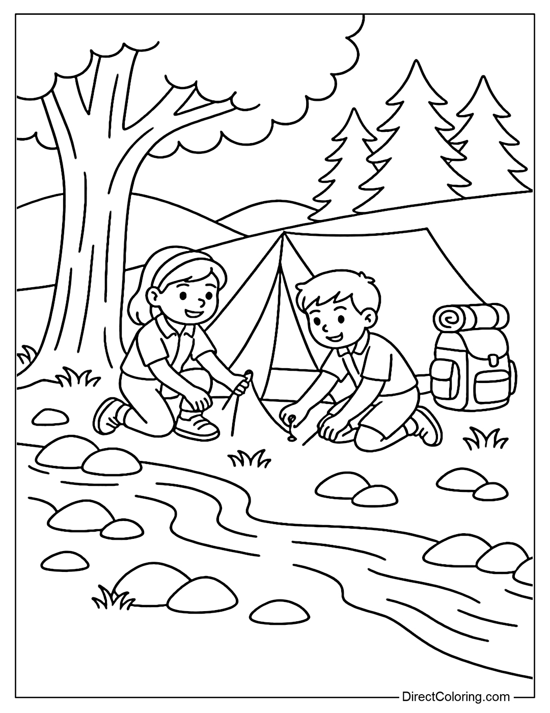 A coloring page of children setting up a tent by a stream, with forest trees, rocks and a backpack placed next to the tent.